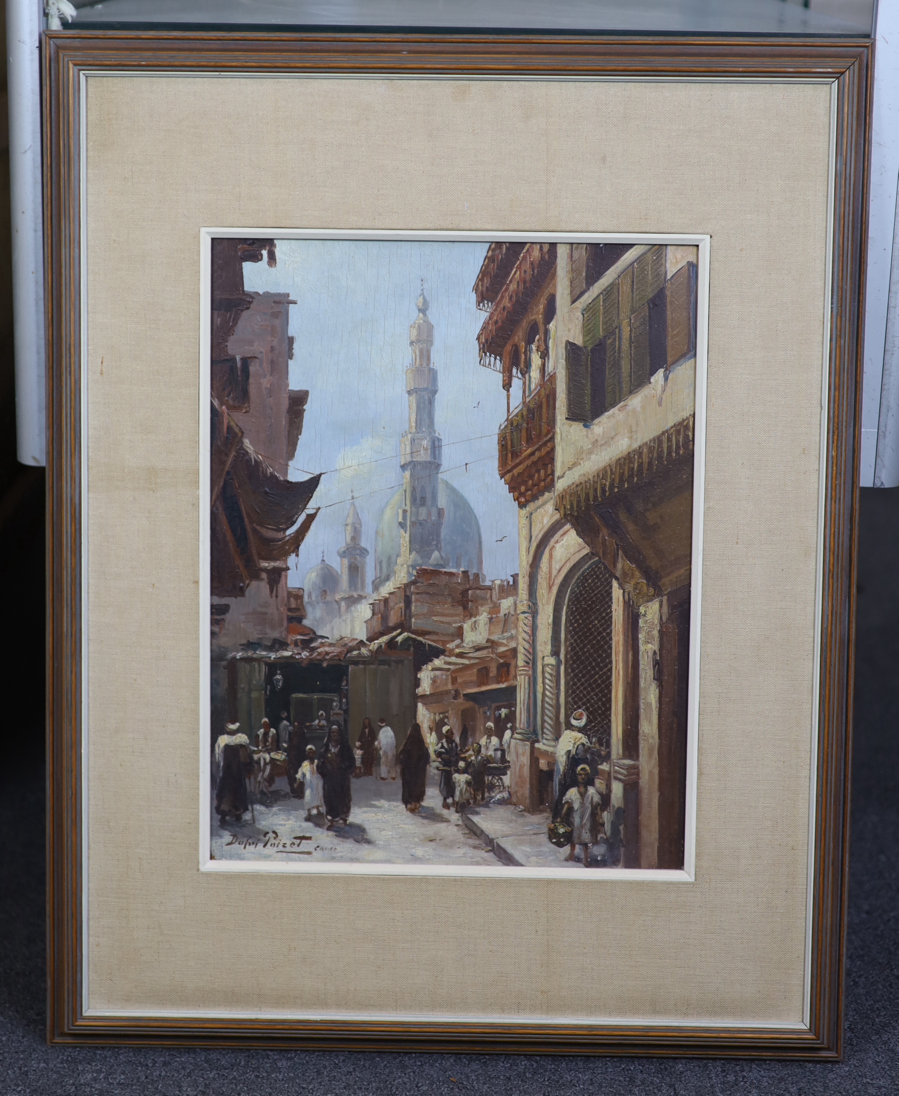 Dafni Poizet (20th. C), oil on board, Cairo street scene with figures, signed and inscribed, 40 x 31cm